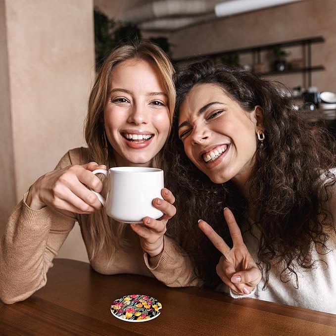 Colorful Tulips Flower Car Coasters,Ceramic Absorbent Cup Holders with Finger Notch & Cork Base Car Assecories for Women/Men 2.6"(2 Pieces)