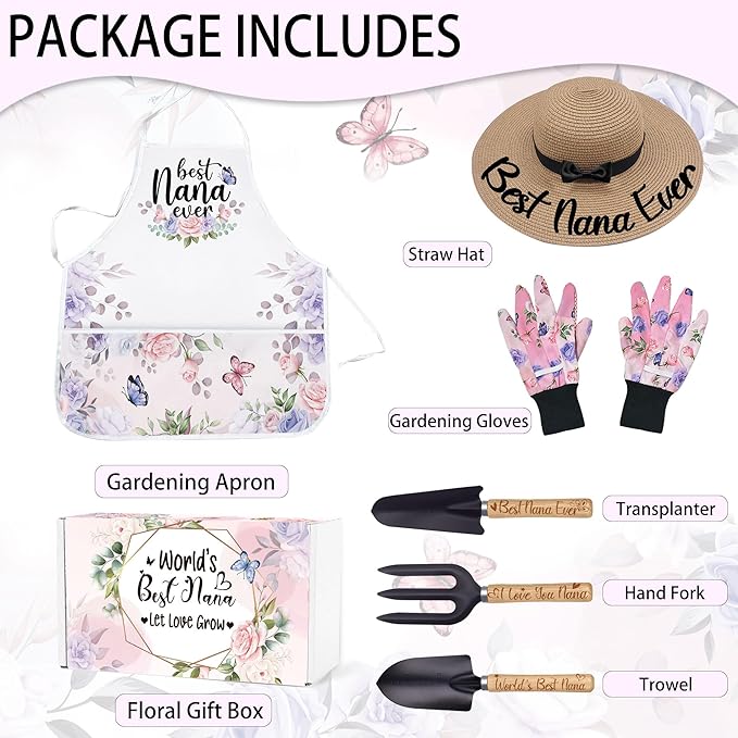 Nana Gifts for Mothers Day, Gardening Tools Kit with Gloves Apron and Hat, Best Nana Ever Gifts for Plant Lover, Gardening Gifts Set for Christmas, Grandma Gifts from Grandkids Grandchildren