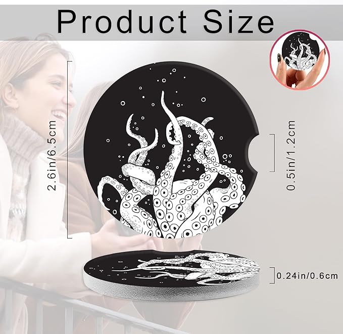 Octopus Tentacles Car Coasters,Ceramic Absorbent Cup Holders with Finger Notch & Cork Base Car Assecories for Women/Men 2.6"(2 Pieces)
