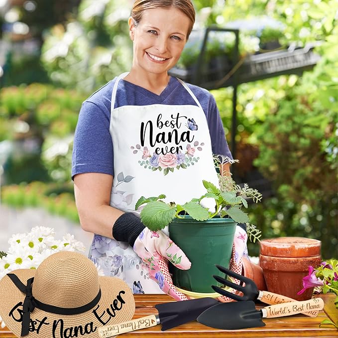 Nana Gifts for Mothers Day, Gardening Tools Kit with Gloves Apron and Hat, Best Nana Ever Gifts for Plant Lover, Gardening Gifts Set for Christmas, Grandma Gifts from Grandkids Grandchildren