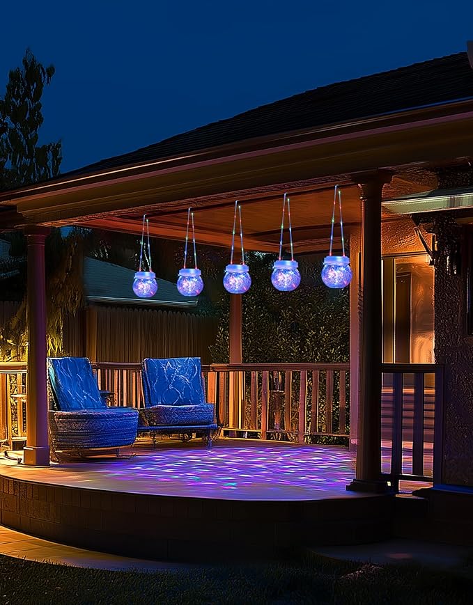 Solar Lantern Solar Lights Outdoor Waterproof 2-Pack, Solar Powered Hanging Lights Cracked Glass Hanging Globes for Christmas Decoration, Shepherd Hook, Garden Tree Ornaments,White Cap, Multi-Color