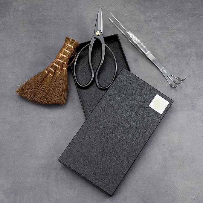 Wazakura Japanese Bonsai Garden 3PCS Tool Starter Kit, Made in Japan, Traditional Bonsai Scissors, Stainless Tweezers with Rake, Chinese Broom. Beginner Set wit Tweezers, Shears and Brush