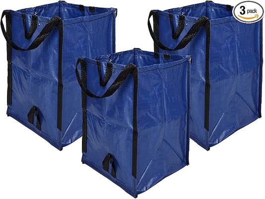 DURASACK Heavy Duty Home and Yard Waste Bag 48-Gallon Woven Polypropylene, Reusable Lawn and Leaf Garden Bag with Reinforced Carry Handles, Pop-Up Self-Standing Garbage Can, Blue, Pack of 3
