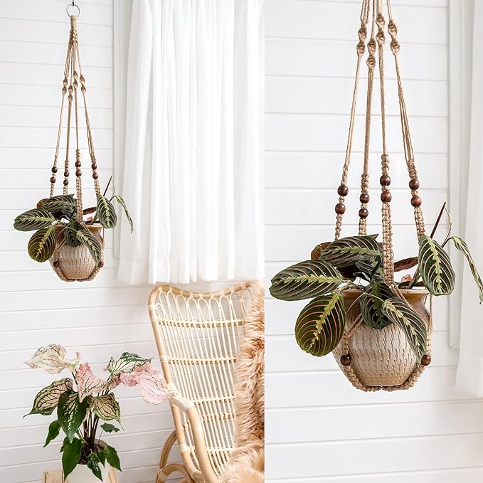 Mkono Macrame Plant Hanger Indoor Jute Hanging Planter Basket with Wood Beads Decorative Flower Pot Holder No Tassels for Indoor Outdoor Boho Home Decor 35 Inch, Brown, Set of 2 (POTS NOT Included)