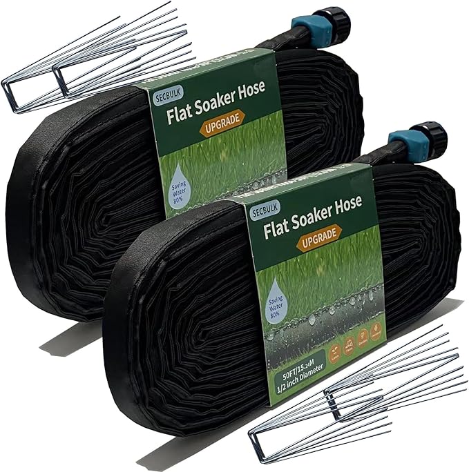 2025 Flat Soaker Hose 100 ft with Stakes for Garden, 50ft x 2 Linkable Drip Hose Diy Garden Irrigation System Saving 80% Water, Dual-layer Leak-free Design Water Hose with Holes