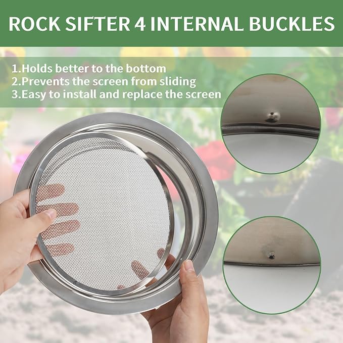 Soil Sifter for Rocks Stainless Steel Compost Sifter with 5 Replaceable Mesh, Dirt Sifter for Gardening Soil Weed Sand Cat Litter Bonsai with Planting Mat,Shovel,Gloves