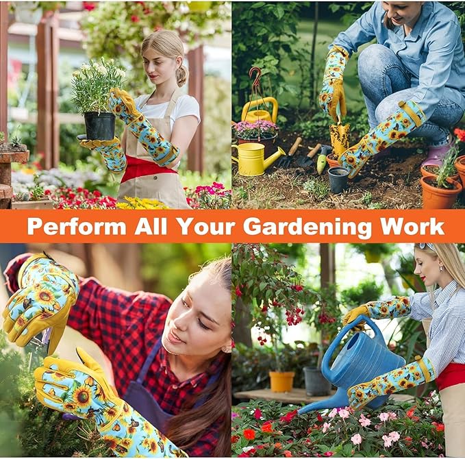 DLY Gardening Gloves for Women, Rose Gloves Gardening Thorn Proof, Long Garden Gloves for Women, Breathable Cowhide Leather Gauntlet (Small, Blue