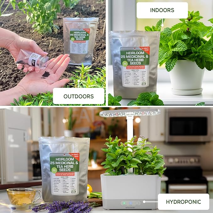 Set of 25 Medicinal Herbs and Herbal Tea Garden Seed Collection - Assorted Culinary Herb Seeds Variety Pack Including Lavender, Chamomile, Thyme, Oregano, Marjoram, and More