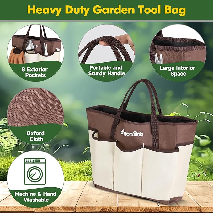 Garden Tool Set,10 Pcs Heavy Duty Gardening Hand Tool Kit for Women Aluminum with Non Slip Ergonomic Handle, Storage Tote Bag and Gardening Gloves, Ideal Gifts for Women and Men
