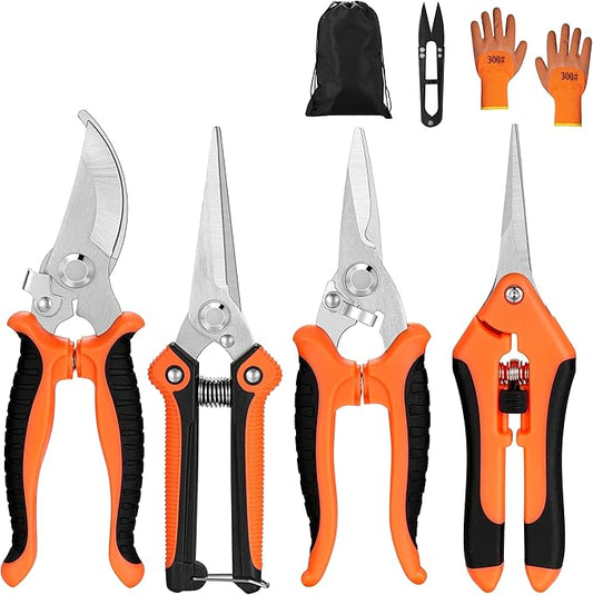 5 pack Garden Pruning Shears Stainless Steel Blades, Handheld Scissors Set with Gardening Gloves,Heavy Duty Garden Bypass Pruning Shears,Tree Trimmers Secateurs, Hand Pruner (Orange)