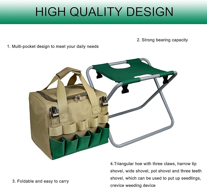 Folding Gardening Stool with Detachable Storage Tote Bag, Multifunctional Gardening Tools Set Organizer for Fishing and Camping,Portable Garden Chair Seat for Adults,Without Tools (Green)