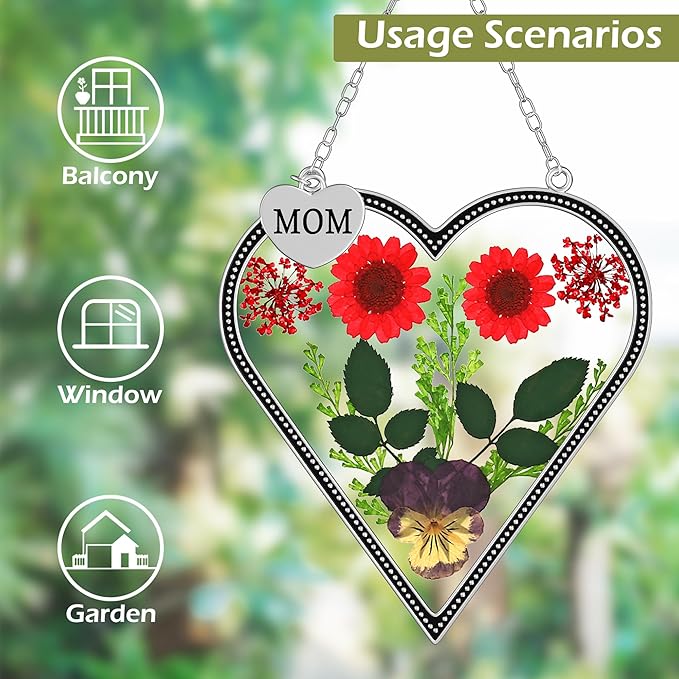 KY&BOSAM Heart Suncatcher Mom Gifts Glass Butterfly Suncatchers for Window Hanging with Pressed Flower Between Heart in Glass and Metal Charm Gifts for Mom Mother's Day Valentine's Birthday Christmas