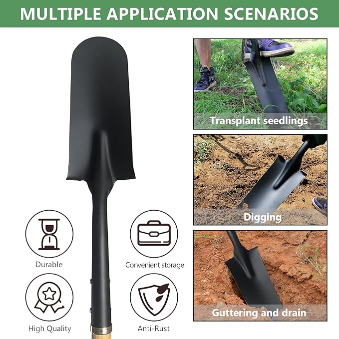 Drain Spade Shovel, Garden Drain Spade, Trenching Shovel, Woode D-Handle, Steel Y-Grip, 45 Inch Spade Shovel for Digging Transplanting & Edging