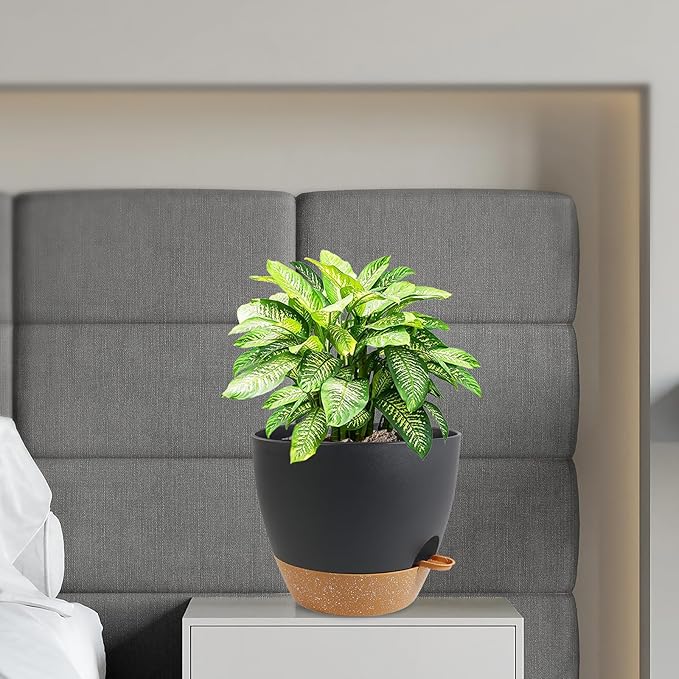 12 inch Large Self Watering Pots, Flower Plant Pots with Drainage Holes for Indoor Outdoor Garden Plants, Plastic Planters with Removable Deep Reservoir, Black with Brown