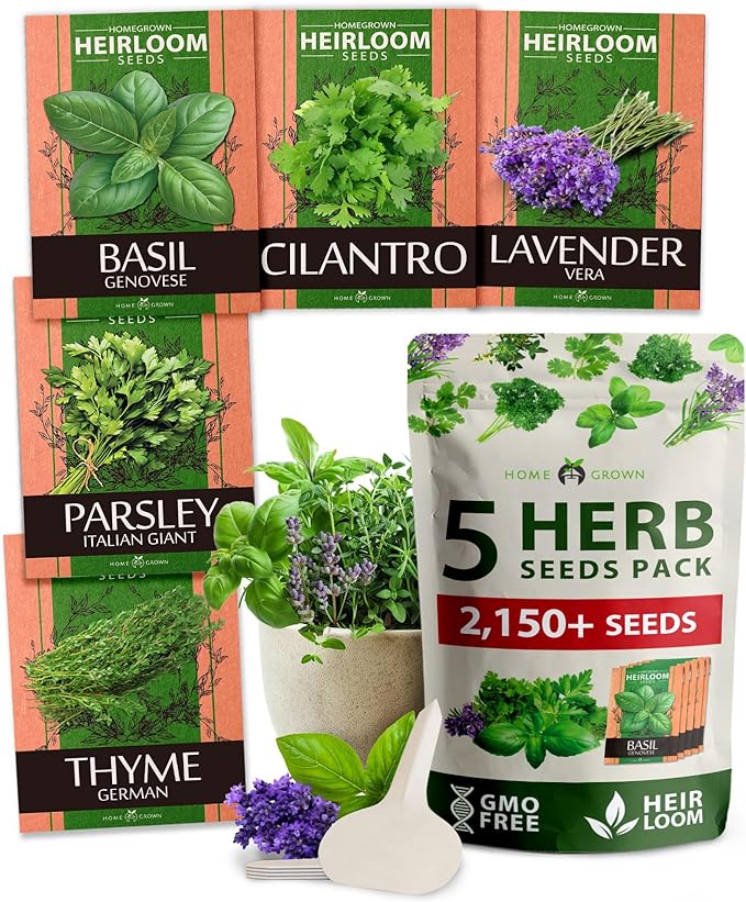 5 Herb Seeds Variety Pack - Culinary Herb Garden: Basil, Lavender, Cilantro, Parsley & Thyme Seeds for Planting Indoors/Outdoors 2000+ Non-GMO Heirloom Herb Seeds w/Bonus Markers & Grow Guide