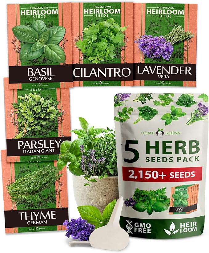 5 Herb Seeds Variety Pack - Culinary Herb Garden: Basil, Lavender, Cilantro, Parsley & Thyme Seeds for Planting Indoors/Outdoors 2000+ Non-GMO Heirloom Herb Seeds w/Bonus Markers & Grow Guide