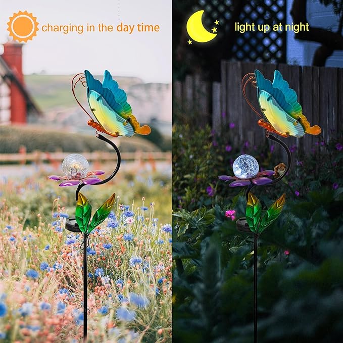 HONGLAND Solar Butterfly Garden Lights, Outdoor Lights Garden Decor for Outside, Flower Yard Decorations, Metal Yard Art for Patio Decor, Gifts for Mom