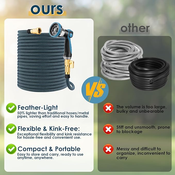 Non-Expanding Garden Hose 100 ft, Flexible Kink Free Water Hose with 10 Watering Spray Nozzle, Lightweight Hose Pipe, Leak-Proof, Durable, 3/4" Brass Alloy Connector, Portable Storage Strap