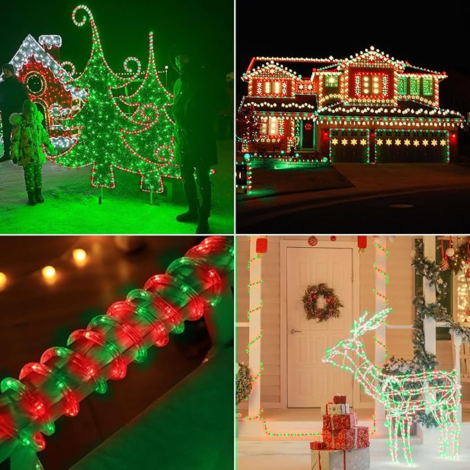 200ft LED Rope Lights Outdoor, 1440 LED Connectable and Flexible Tube Lights with 8 Modes, Waterproof LED Rope Lighting for Garden Patio Pool Bedroom PartyIndoor Outdoor Christmas Decor (Red & Green)
