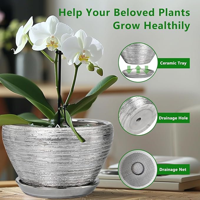 Pot for Plants 9 Inch - Ceramic Plant Pot Indoor with Drainage Hole and Saucer Round Planter for Indoor Plants Modern Decorative Flower Pot for Home Decor Silver