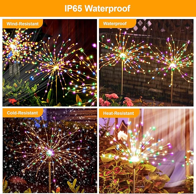 solar fireworks lights for outside, 150LED 8 Modes Fireworks Solar Lights Outdoor, Fairy Garden Flowers Lights for Yard Pathway wedding Party Christmas Diwali Garden Decor 4Pack (Multicolor)