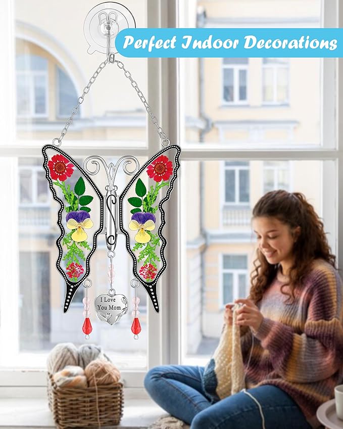 KY&BOSAM Butterfly Suncatcher Gifts for Mom for Windows Hangings I Love You Mom Pressed Flower Between Wings Glass Metal Engraved Charm Birthday Gifts for Women Mom Mother's Day Valentine's Christmas