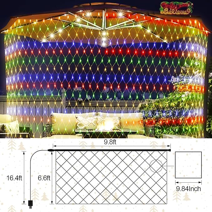 JXLEDAYY 200 LED Christmas Net Lights Outdoor Waterproof 3M*2M Mesh Lights Fairy String Lights Plug in with Timer 8 Modes for Bush Window Fence Garden Yard Roof Wall Decor-Multicolored