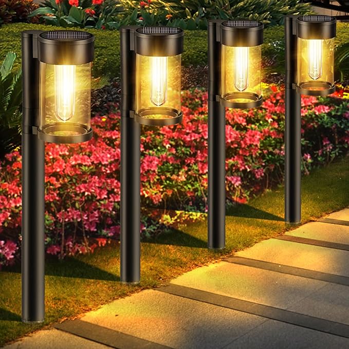 Solar Pathway Lights Outdoor, 10 Pack Metal & Glass Solar Lights Outdoor Waterproof Landscape Path Lights Solar Lights for Outside Yard Lawn Walkway Driveway Garden Decor