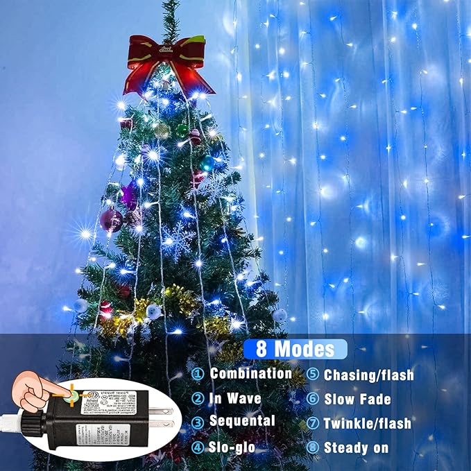 Vivideal 200 LED Christmas Lights Outdoor - 66ft Christmas String Lights 8 Modes Plug in Waterproof Fairy Lights with Timer Memory for Indoor Outside Bedroom Home Party Decoration, Blue&White