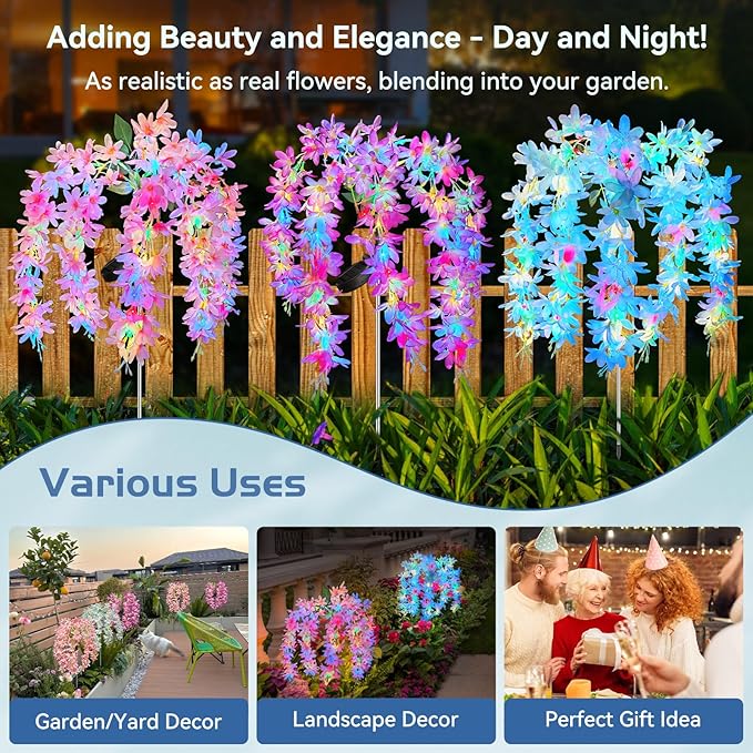 Neporal Solar Flowers Outdoor Waterproof IP65, 5 Lilac Flower Vines with 140+ Flowers, 2 Lightning Modes &Enlarged Solar Panel, 6PK Blue/Pink/Purple Solar Garden Lights Outdoor for Garden, Yard Decor