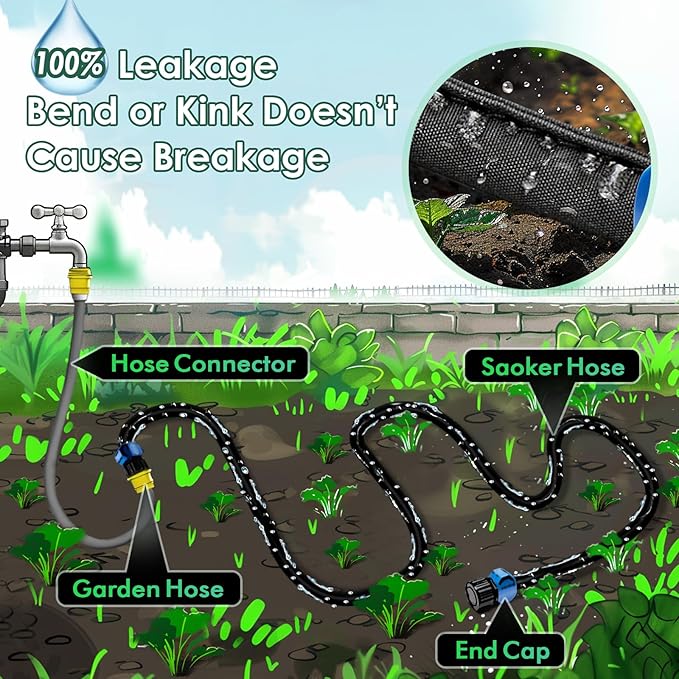 IPOW 50ft + 50ft IPOW Heavy Duty Double Layer Design Saves 80% Water Leak Proof Soaker Hose, Drip Watering Hose for Garden, Lawn, Flower Bed, Vegetable Field (50 FT x 2Pack)