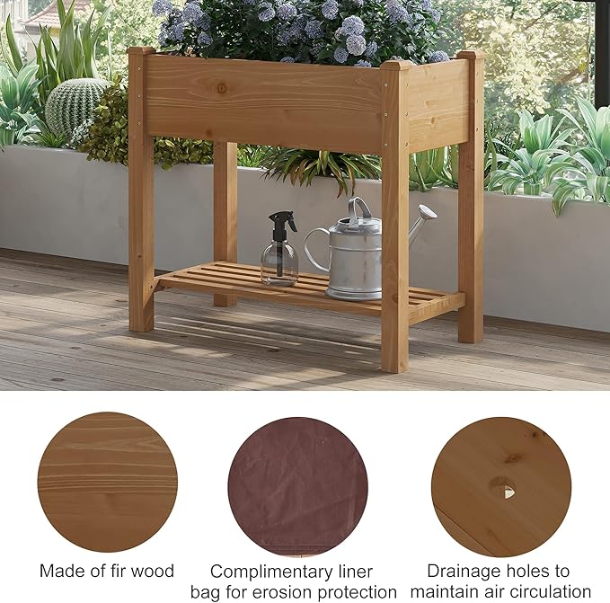 FILWH Raised Garden Bed with Legs Elevated Wooden Planter Box Stand Large Planter Stand Box for Fruits Vegetables Flowers with Divider with Bag - 34x18x30.5IN(Brown)