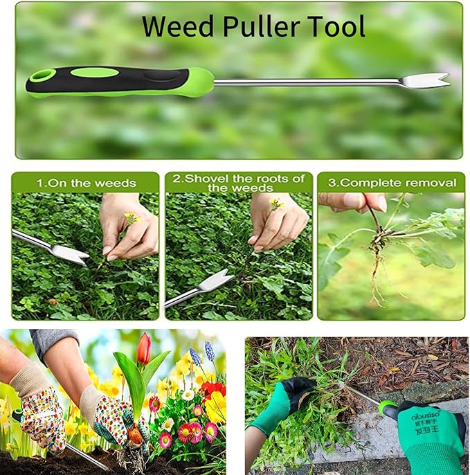 Weed Puller Tool, Gardening Hand Weeder Tool, Stainless Steel Dandelion Weeder Tool, Includes Gardening Gloves, for Yard and Garden