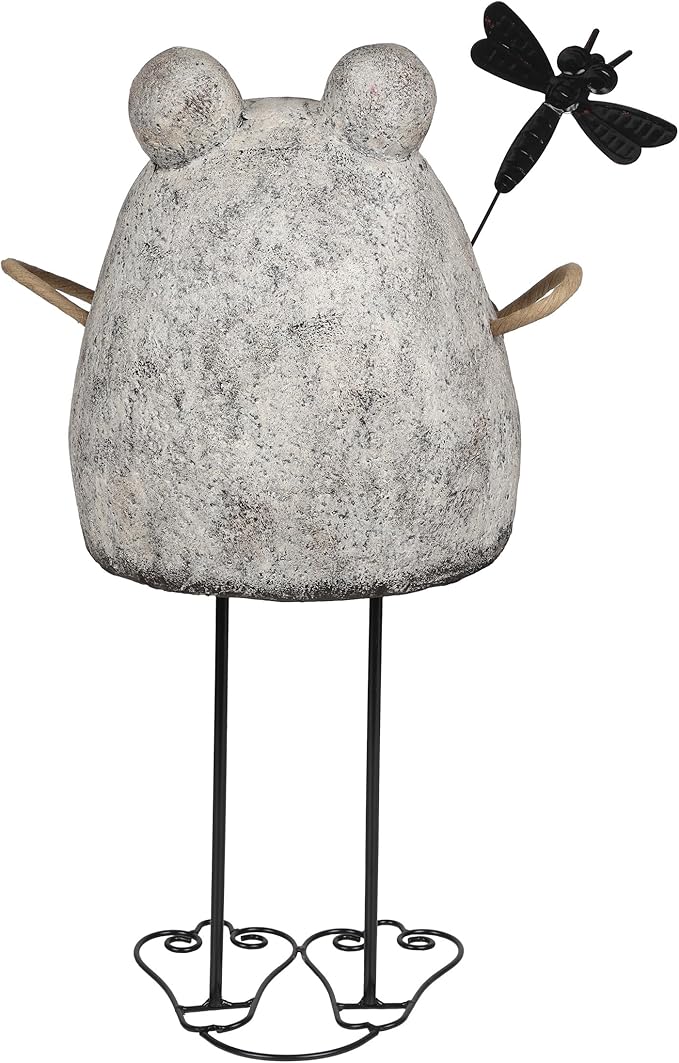 Alpine Corporation MCC862 Indoor/Outdoor Frog with Dragonfly Garden Statue, Stone Finish Frog Statue for Yard, 24" H, Silver