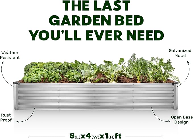 Galvanized Raised Garden Beds Outdoor // 8×4×1 ft (2-Pack) Planter Raised Beds for Gardening, Vegetables, Flowers // Large Metal Garden Box (Silver) // Patented Tool-Free Design