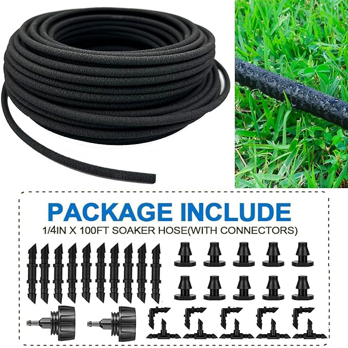 1/4 inch Soaker Hose Tubing for Drip Irrigation, 100FT Garden Beds Soaker Irrigation Tubing Hose with Various Accessories Rubber Longer Lasting Drip Irrigation Save 70% of Water for Garden and Yard