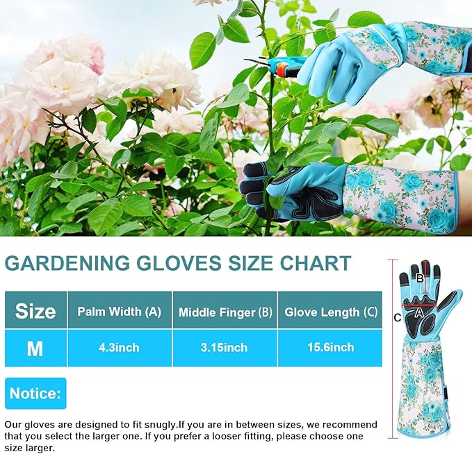 DLY Gardening Gloves for Women, Rose Gloves Gardening Thorn Proof, Long Garden Gloves for Women, Breathable & Durable Leather Gauntlet (Medium, Light Blue)