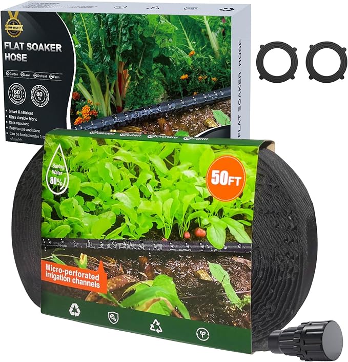 Flat Garden Soaker hose 50ft,Drip irrigation hose for garden beds,water hose with holes for flower beds,Saves 80% water.