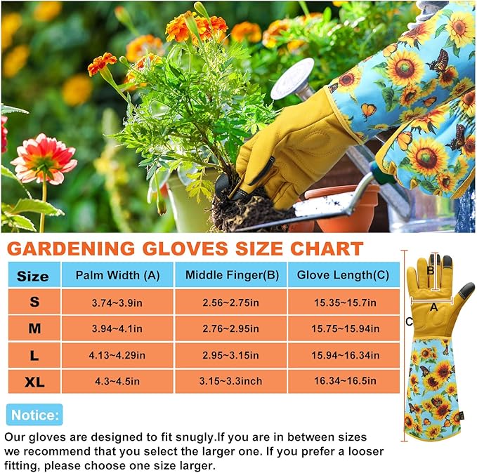 DLY Gardening Gloves for Women, Rose Gloves Gardening Thorn Proof, Long Garden Gloves for Women, Breathable Cowhide Leather Gauntlet (X-Large, Blue)