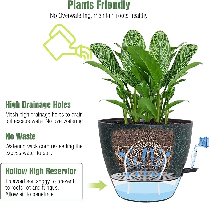 WOUSIWER 10 inch Self Watering Planters, 2 Pack Large Plastic Plant Pots with Deep Reservior and High Drainage Holes for Indoor Outdoor Plants and Flowers, Speckled Black with Green