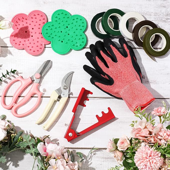 WILLBOND 11 Pcs Rose Thorn Remover Valentine Leaf Stripping Tool Garden Pruning Shear Scissors Kit Thorn Remover for Roses Floral Gloves and Floral Tape for Outdoor Gardening Flower(Pink, Green)