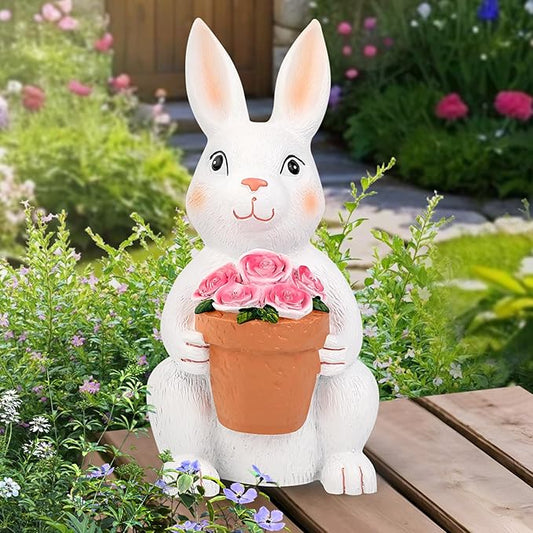 Brightever Solar Powered Outdoor Garden Statues- Rabbit with Flowers and 5 Colorful LED Lights, 11.8IN Outdoor Figurine Lights, Solar Garden Bunny Decor for Patio, Gifts for Women, Housewarming