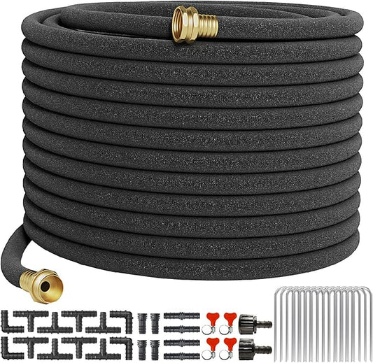 Soaker Hose 100 FT For Garden Beds,Heavy Duty Solid Brass Connector 1/2“ Ruber Drip Irrigation Kit with Hose Stakes&Connector Set for Flower Bed&Yard,Landscaping