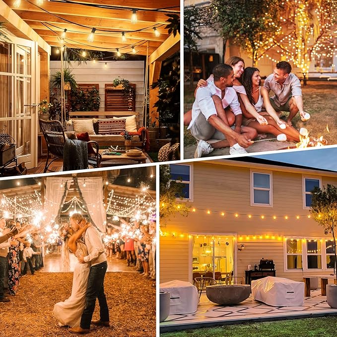 100FT Outdoor Solar String Lights with Remote, USB Rechargeable LED Patio Lights with 52 Timer Dimmable ST38 Edison Bulbs, Enhanced 5W Solar Panel Outside Hanging Lights for Porch Garden Deck Backyard