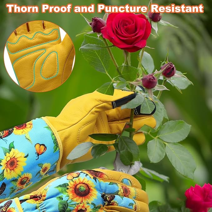 DLY Gardening Gloves for Women, Rose Gloves Gardening Thorn Proof, Long Garden Gloves for Women, Breathable Cowhide Leather Gauntlet (Small, Blue