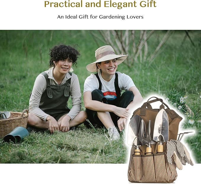 13 PCS Garden Tool Set with Wood Handle, Repotting Mat, Gardening Apron, Storage Bag Tote, Gardening Gift for Women