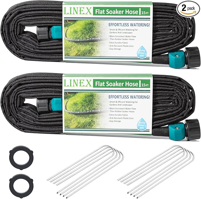 LINEX Flat Soaker Hose 30 ft for Garden Beds, 1/2'' x 15 ft 2 Pack Drip Hoses Irrigation Sprinkler Heavy Duty Save Water 80% for Vegetable