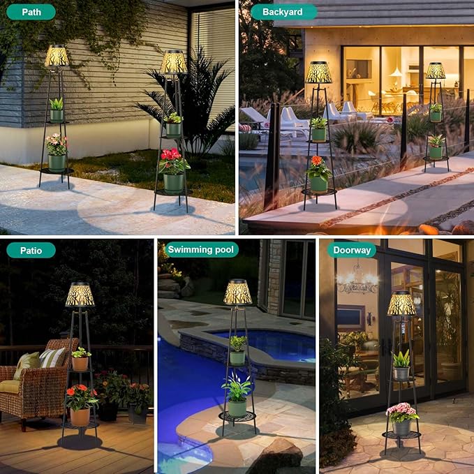 2 Pack Metal Solar Floor Lights Outdoor with Plant Stands, 45.5'' Solar Powered Street Lights, Solar Lantern for Garden Yard Pathway Driveway Porch