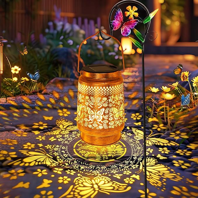 Solar Lanterns Outdoor Garden Decor Butterfly Hanging Lantern Lights, Birthday Gifts for Women Mom Grandma Waterproof Metal Solar Lights LED Decoration with Shepherd Hook for Garden Yard Patio Porch