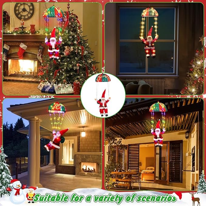 Christmas Decorations Lights, 88 LED Christma Parachute with Santa, 11 Modes Christmas Light Outdoor, Hanging Colourful & Warm White Xmas Lights, Holiday Porch Garden Party Decor